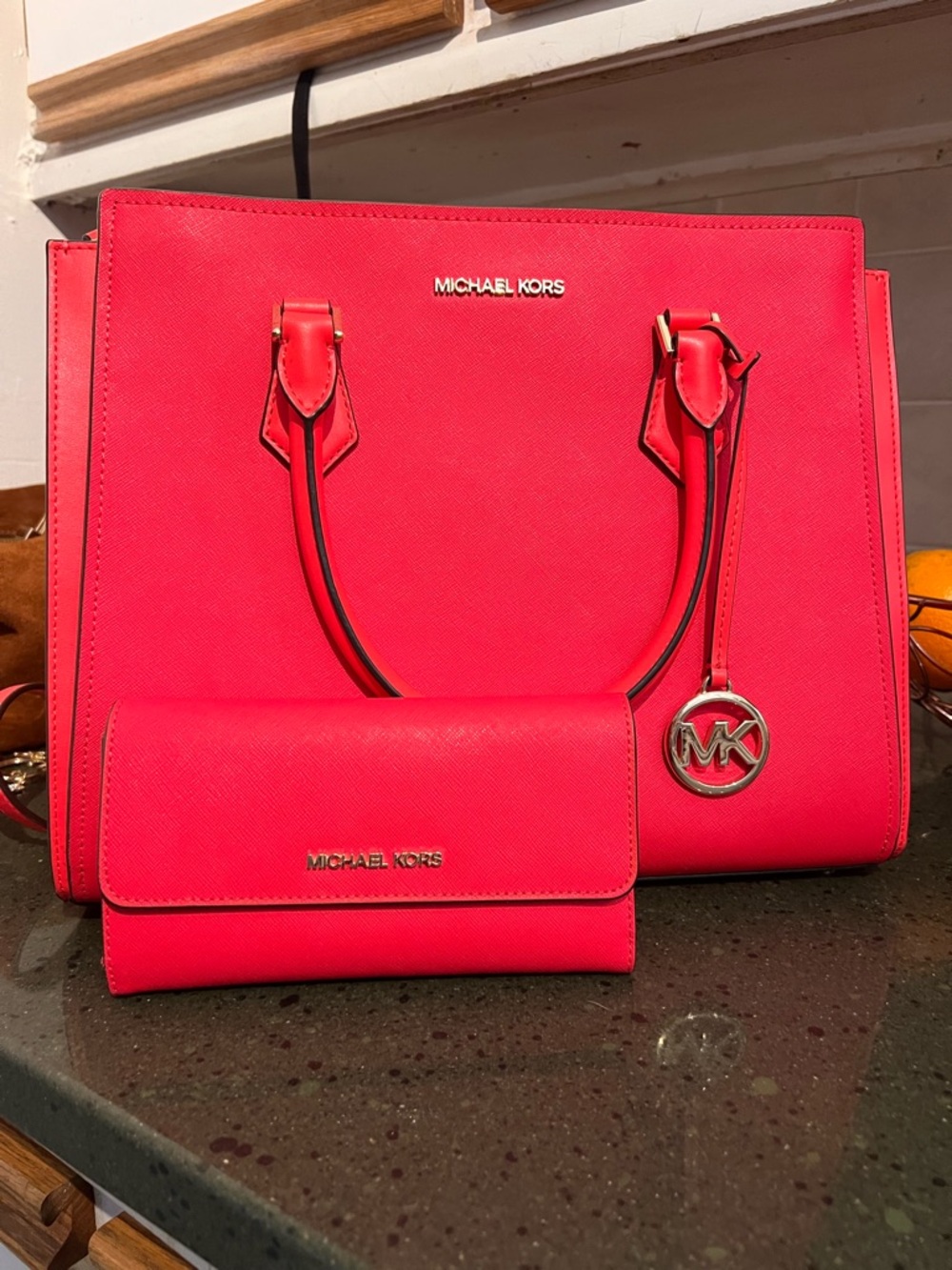 Michael Kors Red Saffiano Tote with Matching Wallet